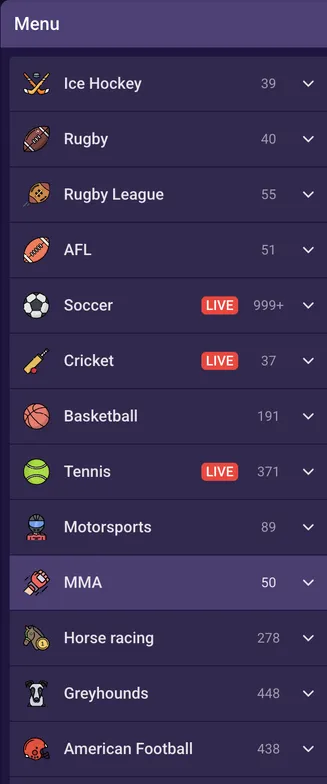 Explore sports betting options at SpinBet – from soccer and rugby to MMA and greyhound racing SpinBet sports menu with live and upcoming events: soccer, tennis, basketball, MMA, and more
